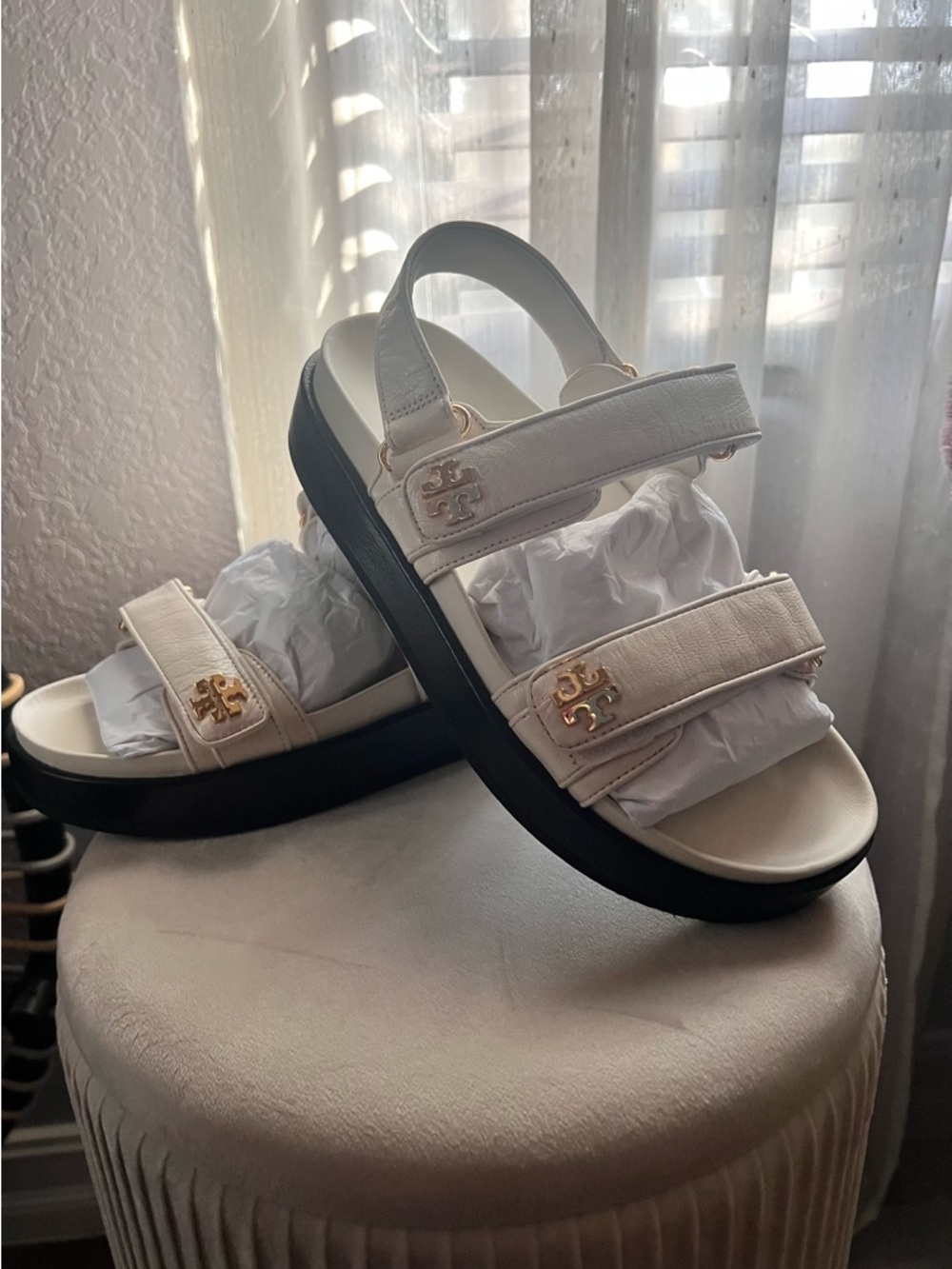 Tory Burch White Leather Platform Logo-Strap Sandals